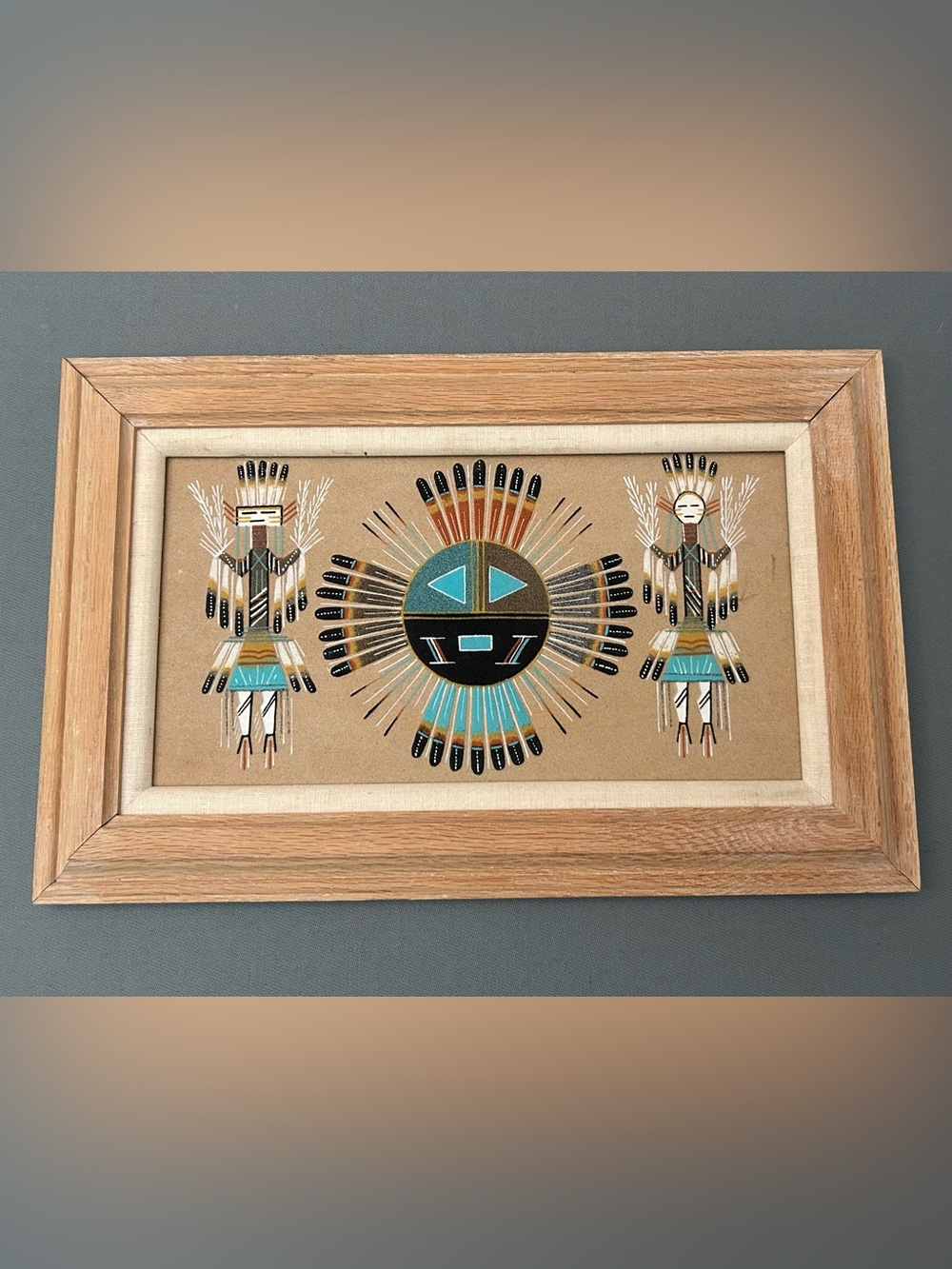 Vintage Signed Navajo Turquoise and Black Desert Sun Wall Art - Home Wall Decor